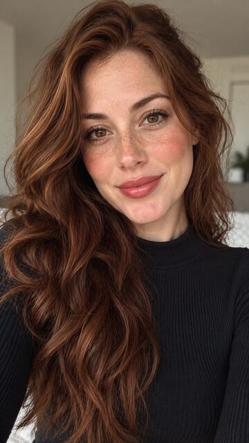 Red-haired woman with freckles wearing coral lipstick