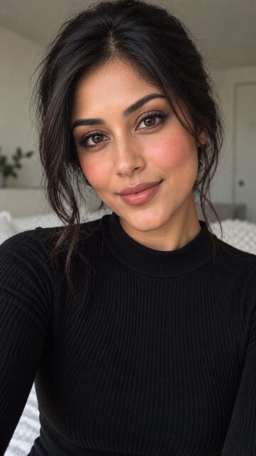 South Asian woman with nude lips and rosy blush