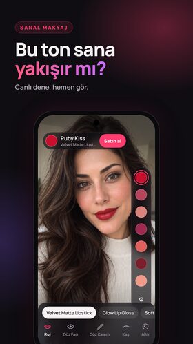 MakeUpTakeUp ekran görüntüsü: "Bu ton sana yakışır mı?" diye soran canlı ruj deneme