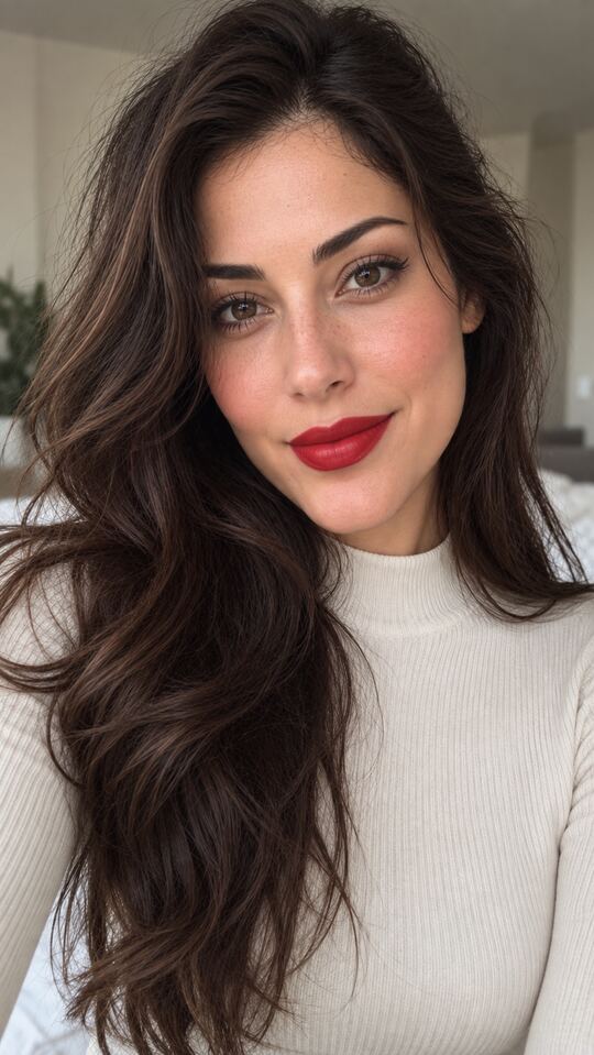 Live lipstick try on in the MakeUpTakeUp camera: Ruby Kiss red on a woman with light skin